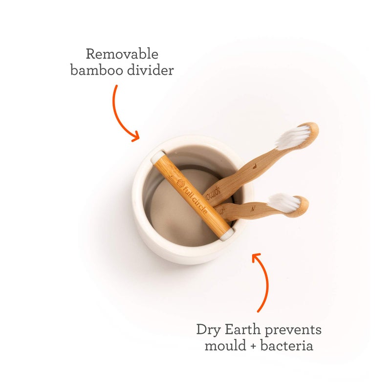 Full Circle Keep It Clean Ceramic & Bamboo Toothbrush Holder, White, Dry Earth Disk - Image 3